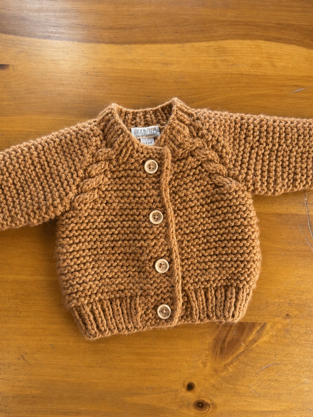 Huggalugs Hand Knit Fuzzy Garter Stitch Cardigan Sweater Button Pecan Brown 6-12